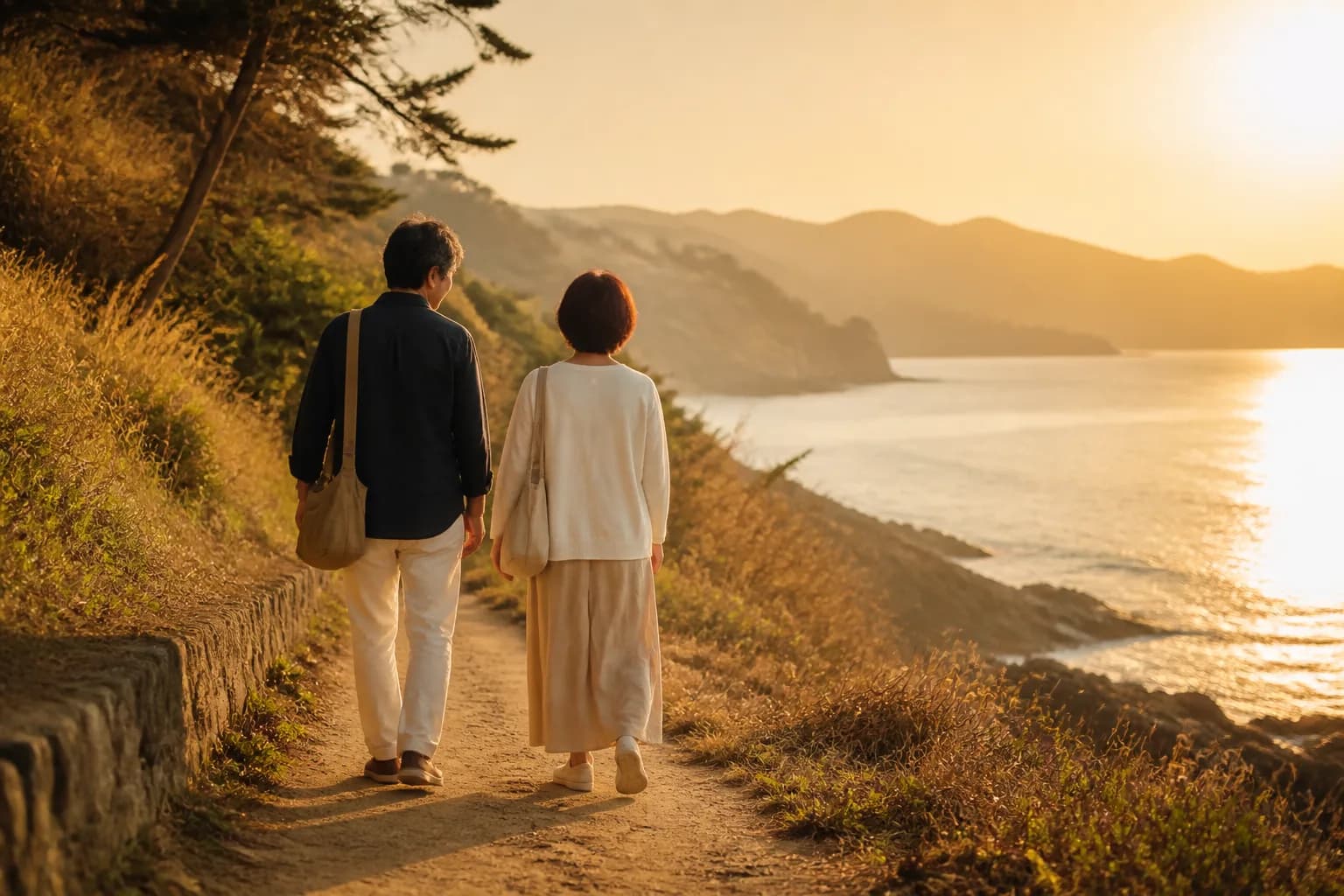 海岸を歩く夫婦